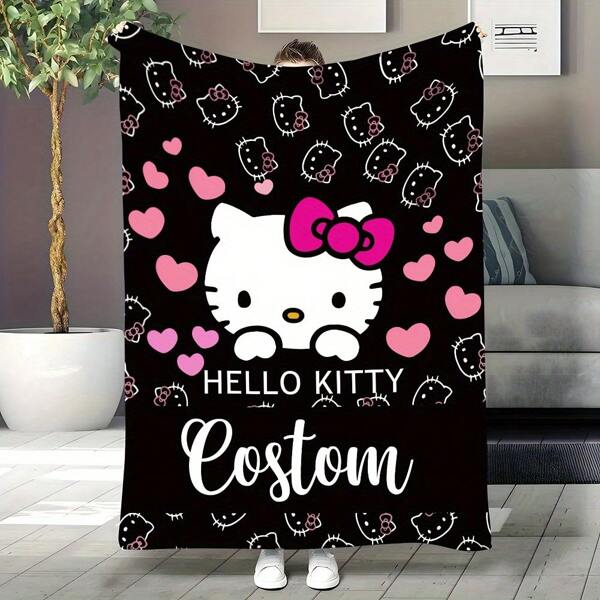 Sanrio 1 Frazada de Felpa Personalizable de Sanrio Hello Kitty - Suave y Acogedora Franela Personalizada con su Nombre, Ideal para el Hogar, Picnics, Viajes | Diseño Negro con Corazones Rosas, Lavable a Máquina, Frazada Personalizada, para la Oficina, Durable Mamá, Familia, Amigos, Hijo, Hija, para Aniversarios, Día de la Madre, Cumpleaños, Día de San Valentín, Graduación, Día del Padre, Día del Niño, Bodas, Inauguración de Casa, Sofá, Cama, Coche, Sala de Té, Dormitorio, Baño, Sala de Estar, Comedor