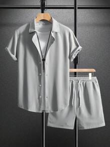 Men Solid Button Up Shirt & Shorts Set, Vacation Plain Husband Casual Clothes, Cozy Outfits - Light Grey - View 1