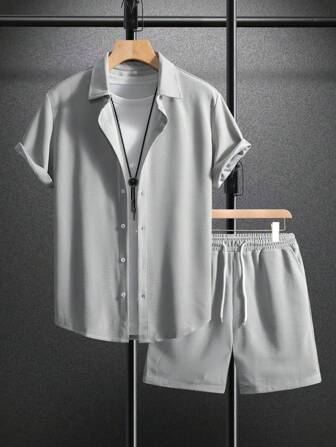 Men Solid Button Up Shirt & Shorts Set, Vacation Plain Husband Casual Clothes, Cozy Outfits