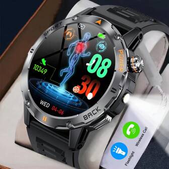 Man Father Gift Smart Watch 1.53 Inch Round Full Touch Smart Watch Fitness Tracking Sports Wireless Call LED Flashlight Music Control Information Push Android IOS Smart Bracelet