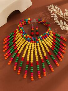 Handmade Multi-Layer Beaded Necklace And Earring Set, Boho Style, For Party, Wedding, Vacation, European And Korean Fashion