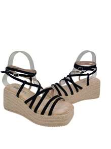 Calzado Estilo.  Sandalia alpargata cuña para Mujer, Cierre de hebilla con plataforma, suela de Esparto plataforma 5 cm, altura 11 cm, yute, estilos casuales y Bohemios, ideal para el verano, eventos casuales, Sandalias con plataforma tipo yute y tiras cruzadas, Diseño cómodo y moderno, ideal para looks veraniegos y casuales - Negro - Ver 4