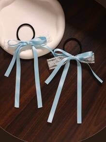 2pcs/Set Lace Ribbon Double Layer Bow Hair Ties Hair Accessories Bow Casual Bohemian Court Style Polyester Fiber (Polyester) All Season - Baby Blue - View 2