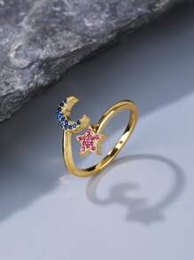 1 pièce Bague pour couple avec design de lune en croissant et d'étoile avec zirconias incrustés, ajustable. Cadeau de luxe minimaliste pour un port quotidien