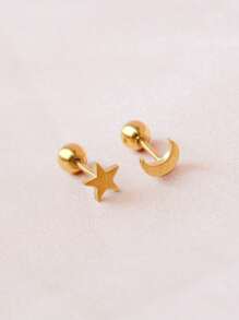 2Pcs/Set Simple Piercing Stud Earrings Stainlesss Steel Mini Small Moon Star Asymmetric Earring For Women Cartilage Helix Tragus Conch Flat Rook Snug Ear Piercing Jewelry - A Set Of Asymmetrical Ball Star and Moon Earrings - View 13