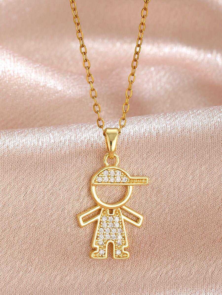 Colar infantil moderno com pingente banhado a ouro, zircônia cúbica e corrente de aço inoxidável. Ideal para meninos e meninas. Perfeito para uso diário. - Ouro - Ver 1