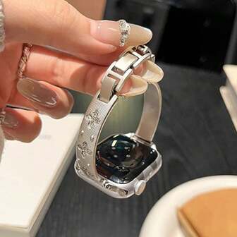 LuLuTom 1pc Luxury Diamond Flower Slim Bangle Design Bracelet Gold Stainless Steel Metal Watch Band Strap Compatible With Apple Watch Band Ultra/SE/S10/9/8/7/6/5/4/3/2/1, Compatible With Apple Watch Strap 38/40/41/42/44/45/46/49mm