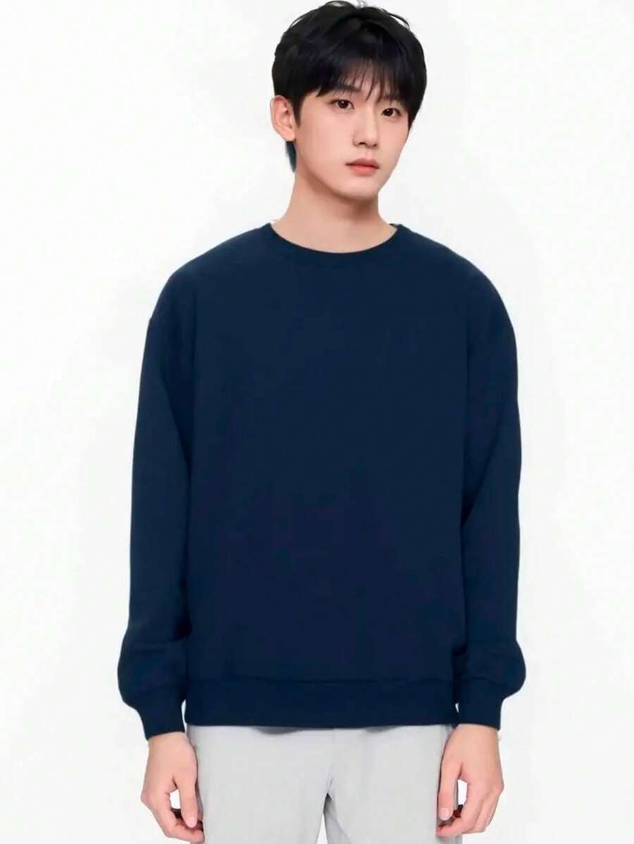 Unisex Crew Neck Sweatshirt Basic Cold Weather Top Plain Flannel Coat Cotton And Polyester Promotion - Navy Blue - View 1