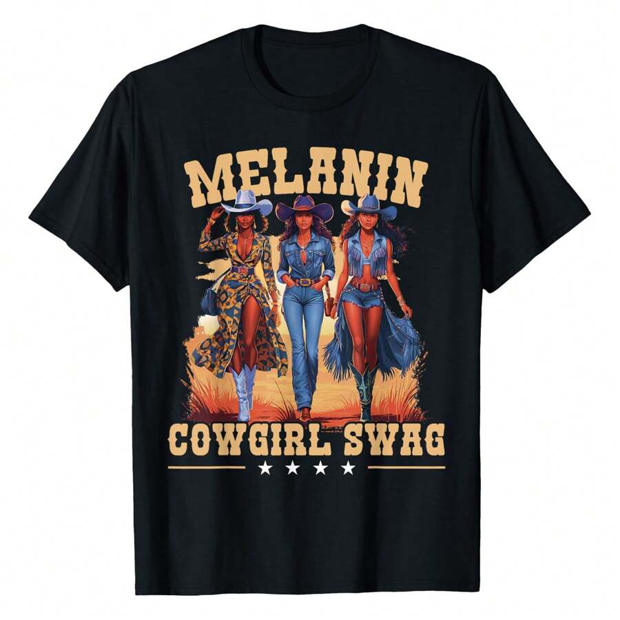 Cowgirls Swag African Cowgirl  T-Shirt Graphic Tees Short Sleeve Casual Women Men T Shirts 100% Cotton Tee Shirt Womens Summer Tops Funny Print Women's T-Shirts Soft Comfy Everyday Wear Daily Gift Woman Tshirt Black - Black - View 1