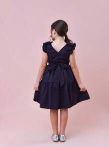 Premium Dress Charm Diva Gringa Versatile Wedding Birthday Party Round Girl Church Evangelical Fashion Baptism Young Teenager Girl Children's Gift Youth Fashion Fashion Blogger Luxury Details Sleeve Bow Beautiful Christmas New Year - 藏蓝色 - 查看 3