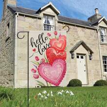 1 pieza Bandera de jardín con estampado de corazón rosa, bandera decorativa romántica para boda, patio, jardín exterior