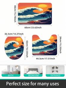 1 conjunto, patrón de ola, paisaje de puesta de sol, coche, tabla de surf, juego de 3 piezas de alfombra de baño de elementos diarios, alfombra de baño absorbente y lavable, alfombra de baño antideslizante, tapa de inodoro, alfombra de baño gruesa y suave, ducha, cocina, lavandería, baño, sala de estar, dormitorio, alfombra de interior, accesorio de decoración del hogar