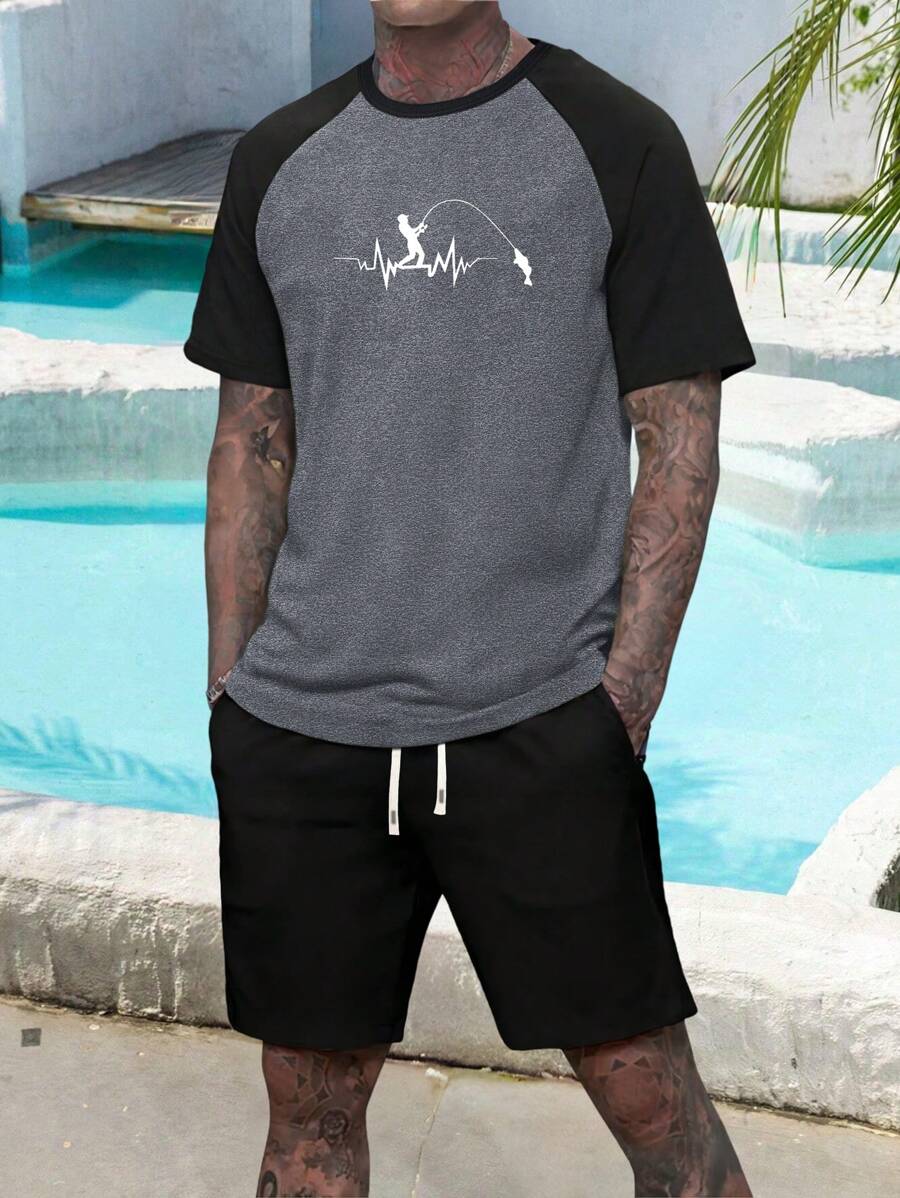 2 件夏季钓鱼印花短袖 T 恤和抽绳短裤套装，时尚休闲海滩度假运动装