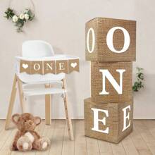 1 Pc Neutral Burlap Print ONE Boxes For 1st First Birthday Decorations, Large 3Pcs Rustic Boho ONE Sign Boxes With Letters Banner