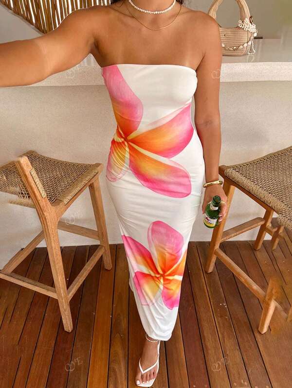 Beach Vacation Stylish Color Block Floral Print Tube Dress, Fashion Waist Cinched Bodycon Prom Dress