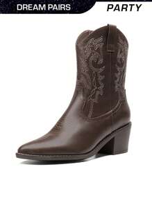 Women's Western Cowboy Boots Pointed-Toe Cowgirl Boots With A Chunky Heel, Featuring A Convenient Zipper And Pull-On Design. Stitched Detailing Adds A Classic Western Touch. Perfect Ankle Boots For Ladies. - 巧克力棕 - 查看 2