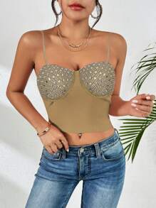 Women's Fashion Rhinestones Slim Fit Crop Bustier Top - 卡其色 - 查看 2