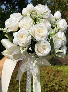 1 件装伴娘花束蕾丝装饰玫瑰花束人造花束适用于婚礼情人节