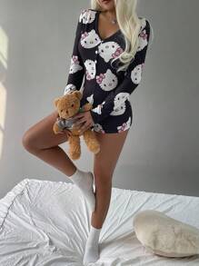 Sanrio 1pc Women Sexy V-Neck Half-Open Front Long Sleeve Printed Romper, Fall, Winter