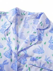 Women Cute Graphic 2 Piece Pajama Set Short Sleeve Button Down Shirt Pjs Shorts Preppy Easter Bunny Egg Sleepwear