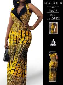 夏季新款假日风格休闲黑色西装翻领彩色无袖图案印花长款大码女式连体裤