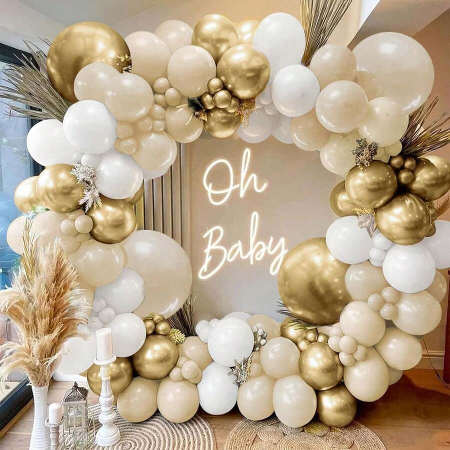 Kit de 156 piezas de arco de globos en blanco arena, oro blanco, dorado cromado, globos beige y crema, globos metálicos dorados para decoración de baby shower, boda, despedida de soltera, cumpleaños con estilo bohemio unisex