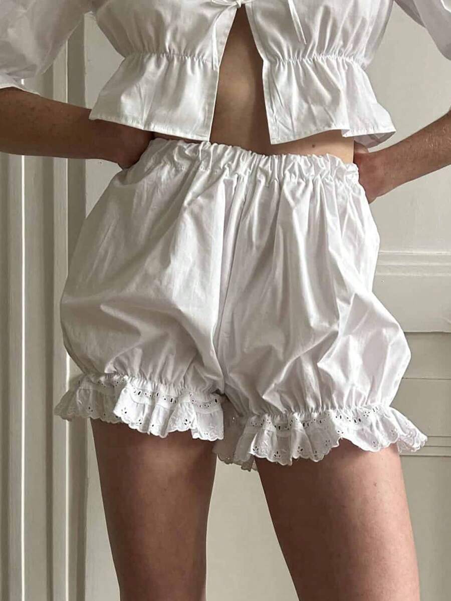Women's Bloomers Loose Eyelet Embroidery Elastic Waist Ruffled Trim Bubble Lounge Shorts For Summer