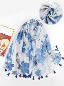1pc Women's Fashion Ditsy Floral Tasseled Elegant Scarf, Versatile For Beach, Shawl, Headwrap, Suitable For Vacation, Party, Dating, Travel - Blue - View 1