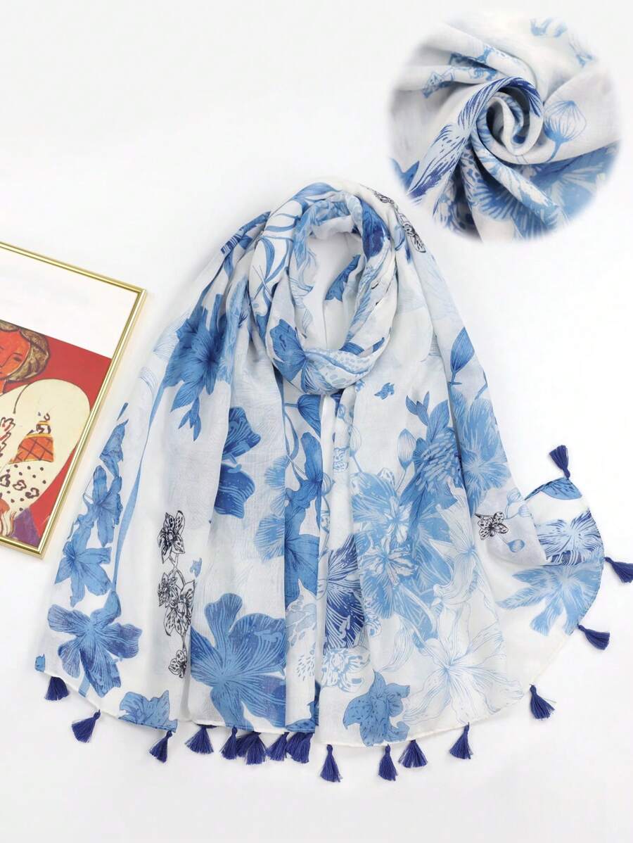 1pc Women's Fashion Ditsy Floral Tasseled Elegant Scarf, Versatile For Beach, Shawl, Headwrap, Suitable For Vacation, Party, Dating, Travel - Blue - View 1
