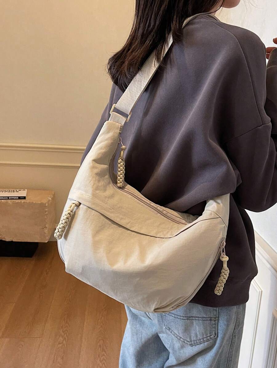 Fashionable Yellow Nylon Waterproof Shoulder Bag With Simple & Casual College Style, Wide Strap, Multiple Zipper Design Suitable For Students, Shopping, Daily Use, Shoulder Bag For School - 米色 - 查看 1