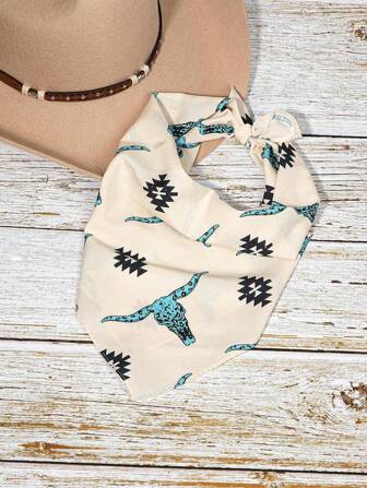 1pc Women's Fashion Bohemian Style Bull Head Print Scarf, 100% Polyester, Western Pattern Bull Head Print, Breathable Neck Wrap, Sun Protection Accessory, Windproof Square Scarf For Dress