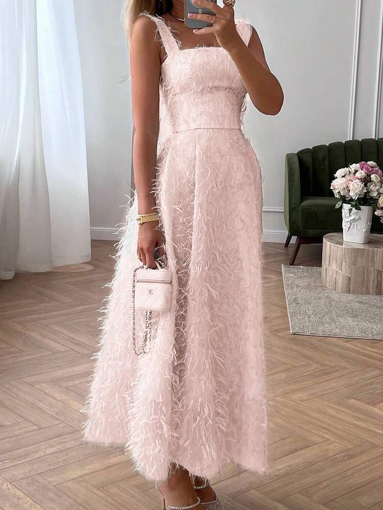 فستان أنيق وردي فاتح بزخارف ريشية ثلاثية الأبعاد في خط الخصر موديل A-line للنساء - وردي فاتح - مشاهدة 4