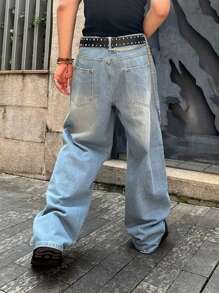 HEHCN Men's Washed Light Blue Wide Leg Casual Loose Jeans, Street-Style Pants, Suitable As Gifts For Husband Or Boyfriend