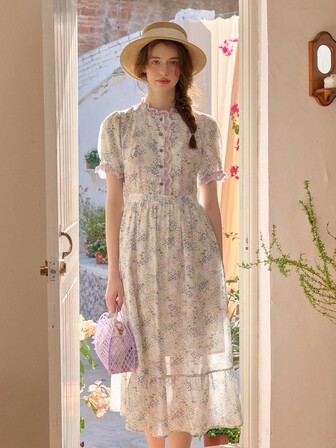 Simple Retro Ladies' Spring Summer Ruffled Color-Block Collar Floral Print White Romantic Elegant Vintage Slim-Fit Short Sleeve MIDI Dress