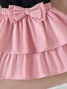 2件套幼儿女童可爱休闲短袖T恤+裙子套装，轻薄夏季校园风 - 黑色 - 查看 6