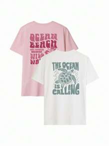 Conjunto de 2 piezas, blusa de mujer de estilo casual y versátil para vacaciones con estampado de letras y tortugas, cuello redondo y mangas cortas. Camisetas gráficas para mujer en colores blanco, negro y rosa, atuendos de vacaciones para mujer