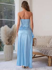 Women Elegant Satin Strapless Ruched Slit Bodycon Dress, Spring - Blue - View 3