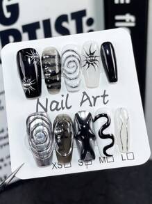 10pcs Y2k Punk Rock Metal Texture 3D Decoration Rivet Handmade Nails Chrome Silver Liquid Acrylic Press On Nails Medium Long Coffin Fake Nails Full Coverage Nail Tips With Jelly Glue And Nail File, DIY Nail Art Supplies Music Festival Party