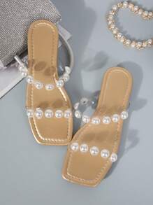 Latest Spring/Summer Women's Plus Size Casual Flat Slippers, Pearls & Transparent Crystal TPU, Comfortable Beach Style Sandals, Lightweight Versatile - Champagne - View 4