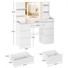 Devoko Vanity Unit With LED Lighting, 3-Stage Brightness Control, Vanity Unit With Adjustable Mirror, 7 Drawers And Open Shelves, Modern Wooden Dressing Table For The Bedroom, Stylish Contemporary Design, Stepless Dimming, White/Pink/Black - 白色 - 查看 6