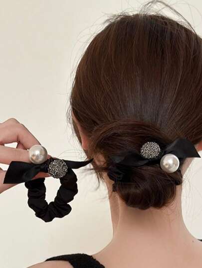 2个/4个/6个装优雅蝴蝶结珍珠发圈，多功能高弹力发绳，涤纶珍珠蝴蝶结发饰，四季皆宜，可扎马尾辫