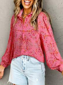 Astylish 女士花卉印花衬衫 波西米亚风休闲长袖纽扣衬衫上衣 时尚度假装春季衬衫 - 粉色 - 查看 4