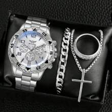 4 件男士手表套装时尚休闲男士大表盘不锈钢石英表免费项链手链戒指 - 4pcs set - 查看 4