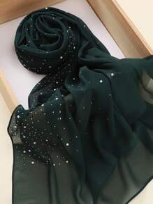 1pc Heavily Embellished Chiffon Rhinestone Hijab Scarf For Abaya - Dusty Pink - View 7