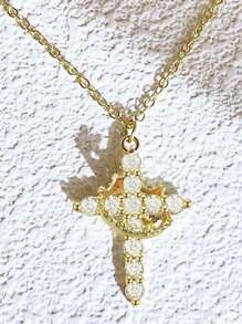 1pc Women Crown & Cross Rotating Pendant Necklace, Suitable For Daily Wear & Gift, Suitable For All Seasons - Necklace - View 4