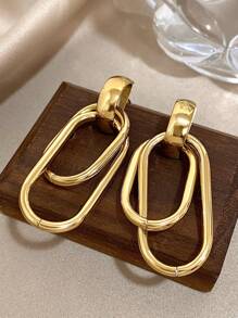 1Pair Double Circle Square Earrings Golden Dangle Earrings For Women Stainless Steel Earrings For Daily Party Birthday Christmas Jewelry Gifts