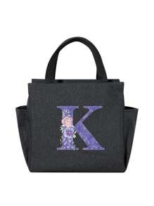 Large Capacity Insulated Lunch Bag, Letter Print - Polyester Material, Foldable Design, Suitable For Outdoor Picnic And School - Perfect Gift - Black - View 11