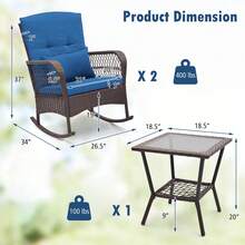 3 Pieces Rocking Bistro Set PE Rattan Rocking Chairs W/ 2-Tier Coffee Table Navy - Navy - View 3