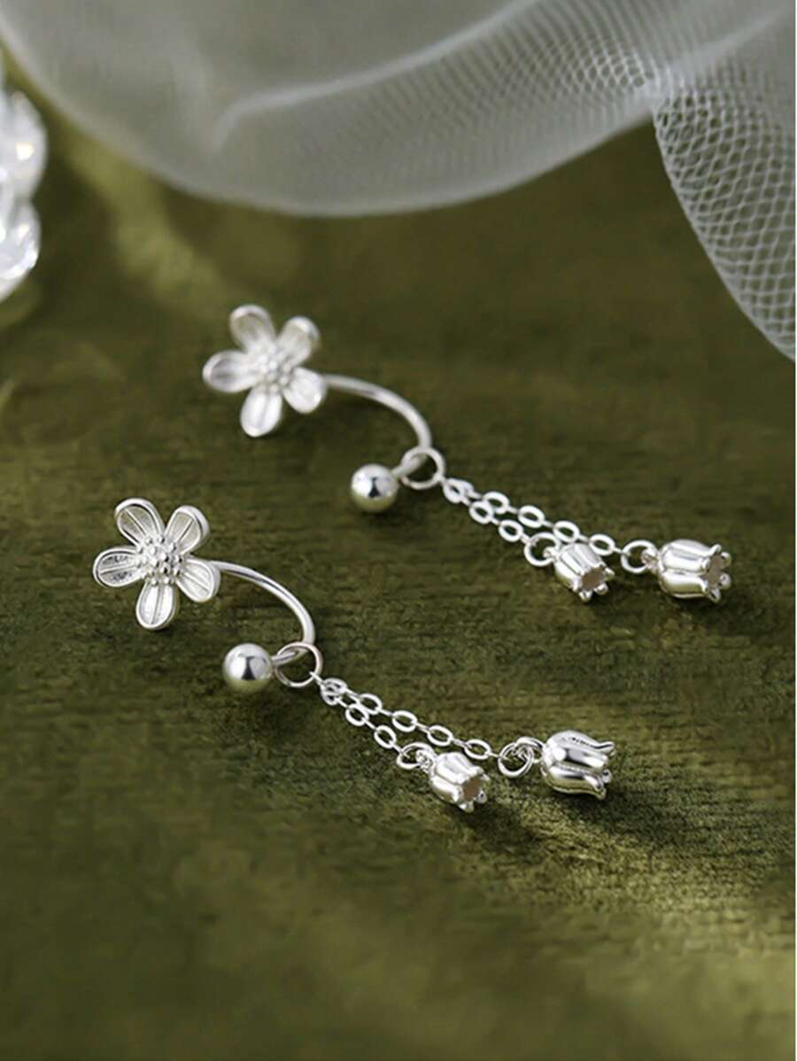 1 Pair S925 Sterling Silver Lily Of The Valley Flower Dangle Earrings, Gift Box Packaging, Suitable For Festival Party, Gift For Girlfriend