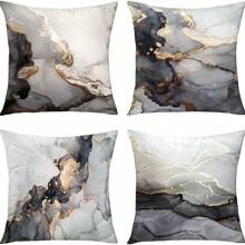 4 件大理石纹理、黑色和金色银色装饰枕套、奢华抽象流体艺术墨水、柔软枕套、沙发、客厅、方形靠垫套、单面、无枕头 - 黑灰色 - 查看 1